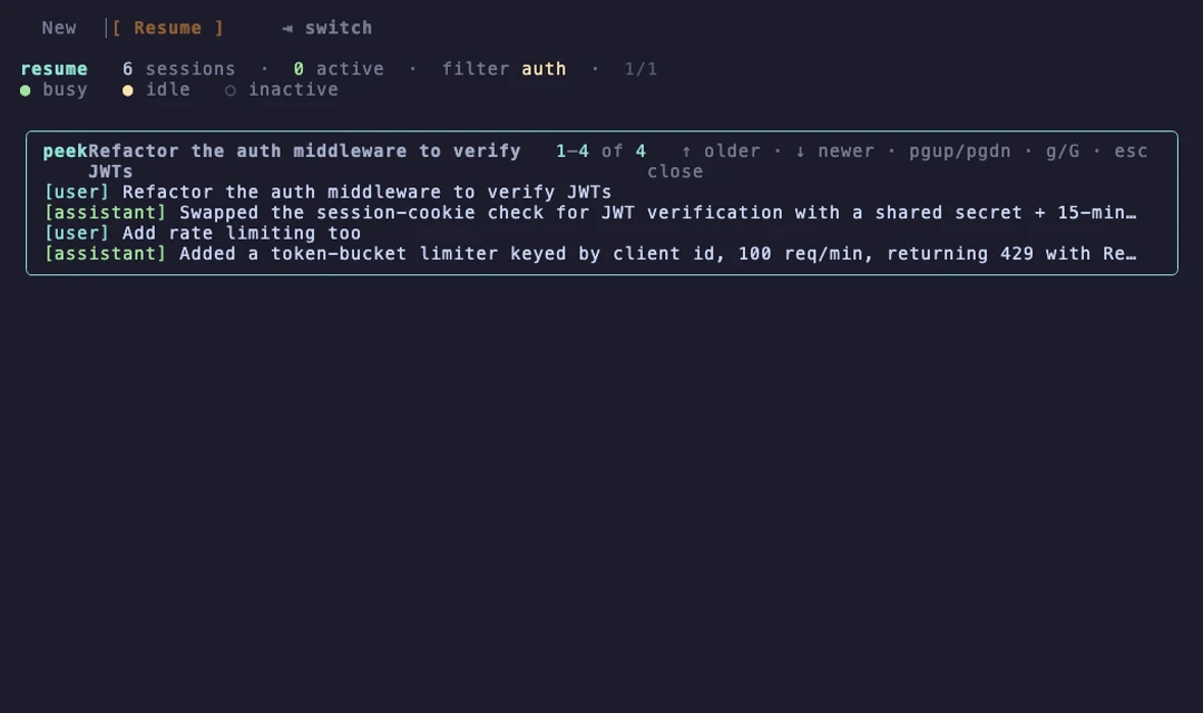 agentctl's transcript peek: the user and assistant turns of a session shown inline before resuming it.