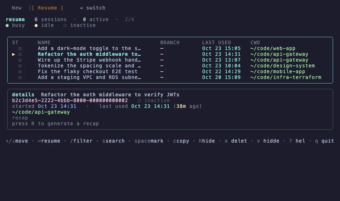 agentctl's Resume tab: six past sessions with status, name, branch, last-used time and working directory, and a details pane for the highlighted one.