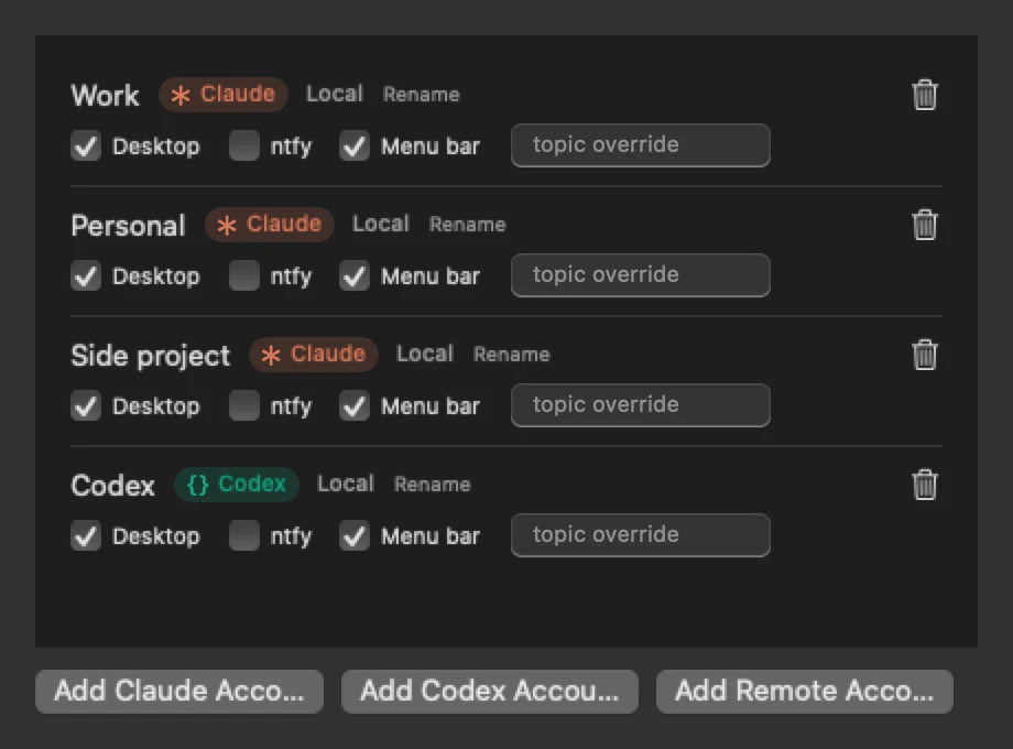 Agents Monitor Settings, Accounts: four accounts with desktop, phone and menu bar notification toggles, and buttons to add a Claude, Codex or remote account.