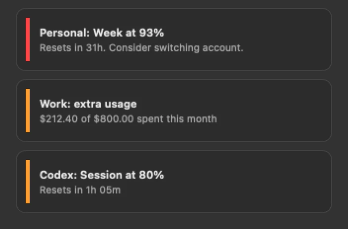 Three Agents Monitor alert toasts: a red weekly limit at 93 percent, an amber extra-usage spend notice, and an amber Codex session at 80 percent.
