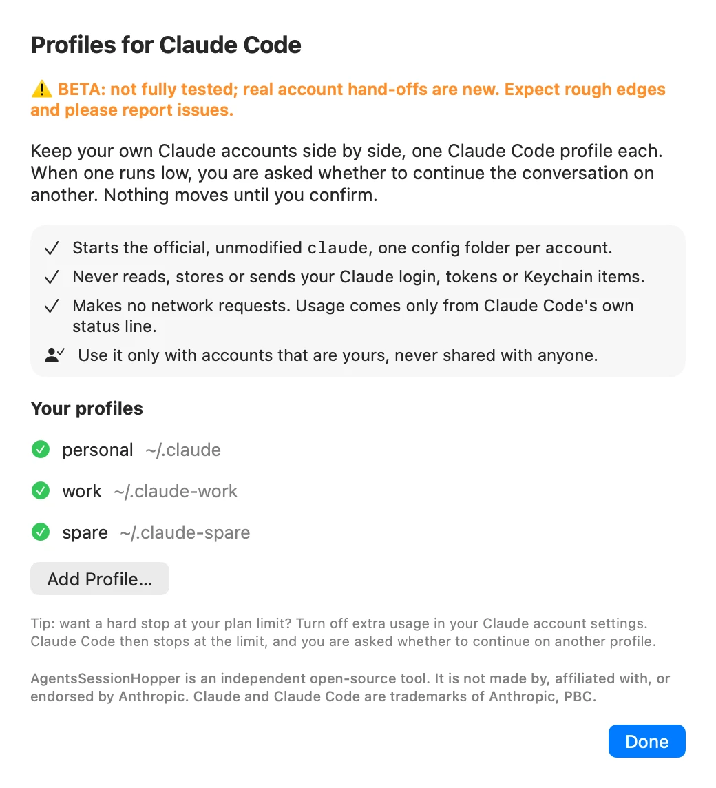 The first-run guide: the beta warning, what the app never does, the three profiles found, and the not-affiliated-with-Anthropic note.
