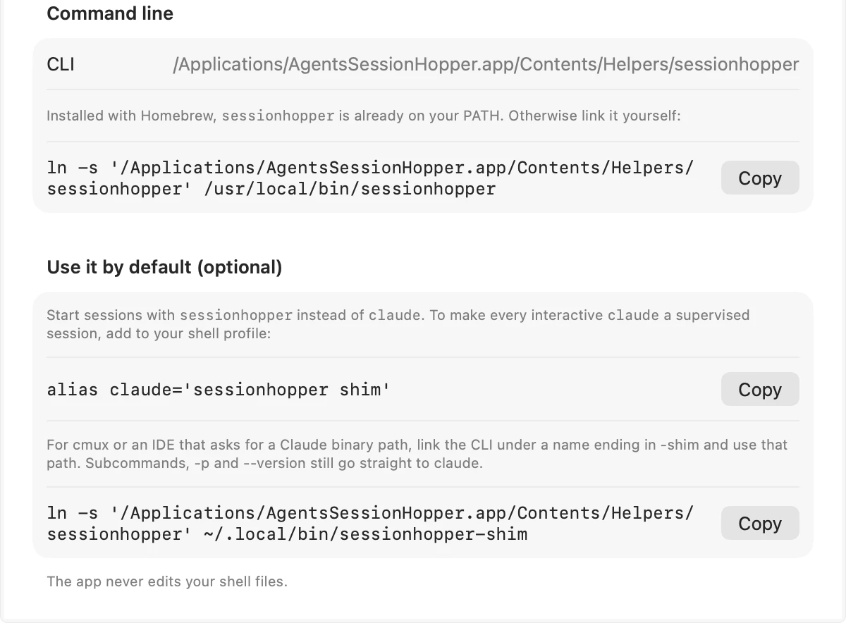 Settings, Command line: where the sessionhopper CLI lives, the alias to supervise every claude, and the shim link for cmux and IDEs.