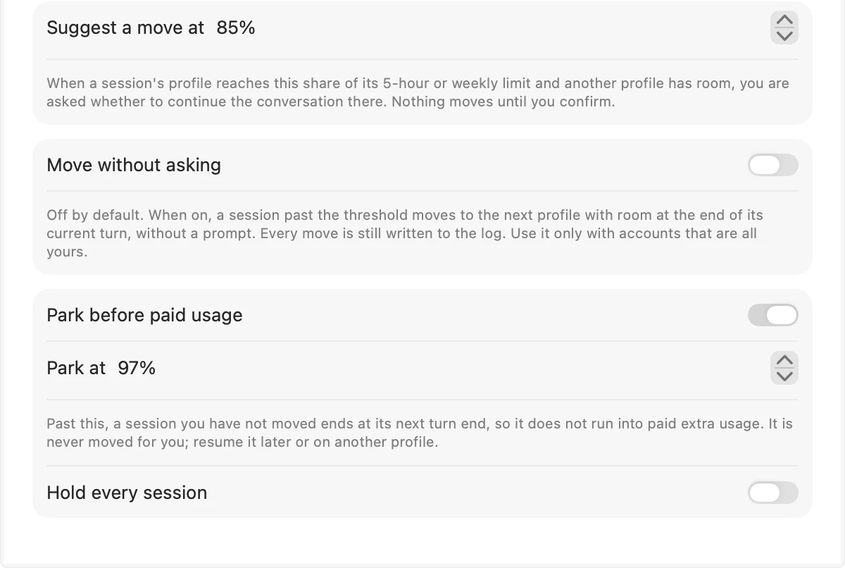Settings, Hand-off: suggest a move at 85 percent, move without asking switched off, park before paid usage at 97 percent, hold every session.