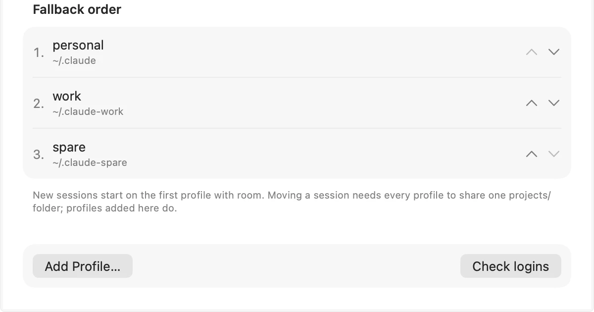Settings, Profiles: the fallback order of three profiles with their configuration folders, Add Profile and Check logins buttons.