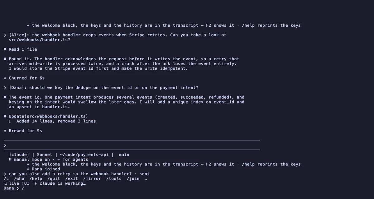 A guest's terminal in a jam: the host's live Claude Code conversation with messages attributed to Alice and Dana, the status line, and Dana's own prompt at the bottom.