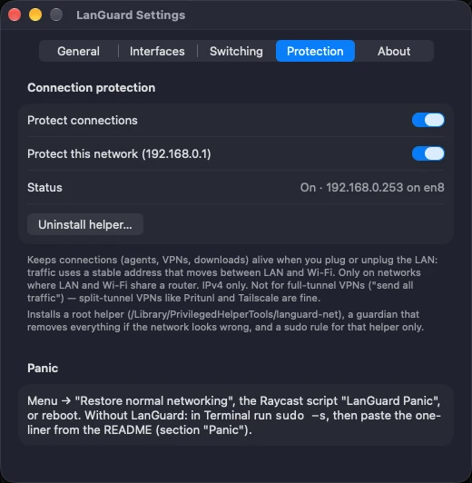 LanGuard Settings, Protection tab: connection protection on for this network, status showing the stable address on the wired link, and the panic instructions.