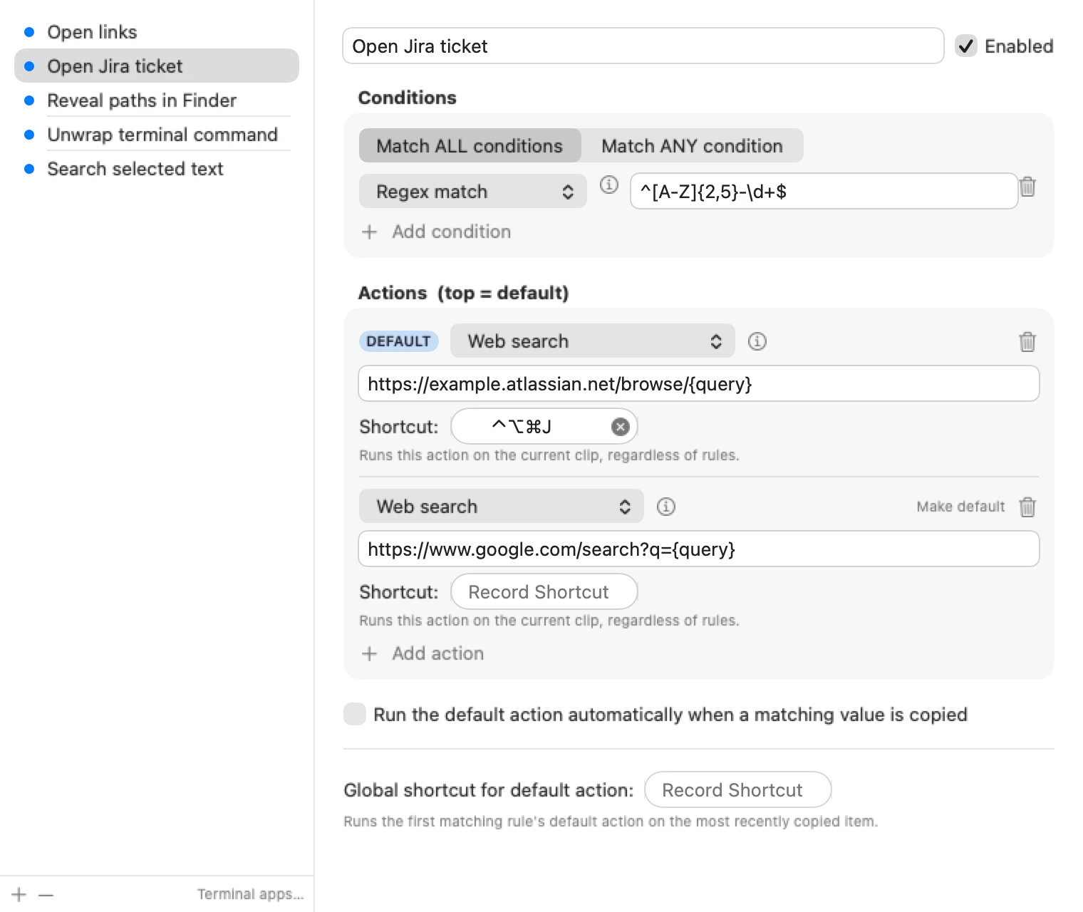 MaccyPlus rule editor for an Open Jira ticket rule: a regex condition, a web-search action with a URL template and a recorded shortcut, and a second search action.