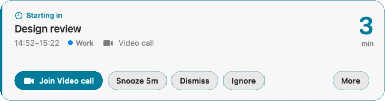 The MeetAlert popup for a Design review starting in 3 minutes, with its calendar tag and Join, Snooze 5m, Dismiss, Ignore and More buttons.
