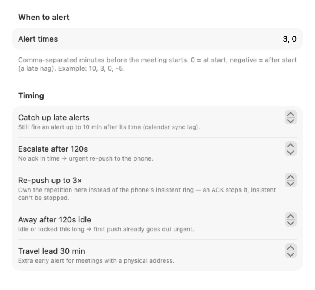 MeetAlert Settings, Alerts: alert offsets of 3 and 0 minutes, the catch-up window, escalation after 120 seconds, re-push count, away threshold and travel lead.