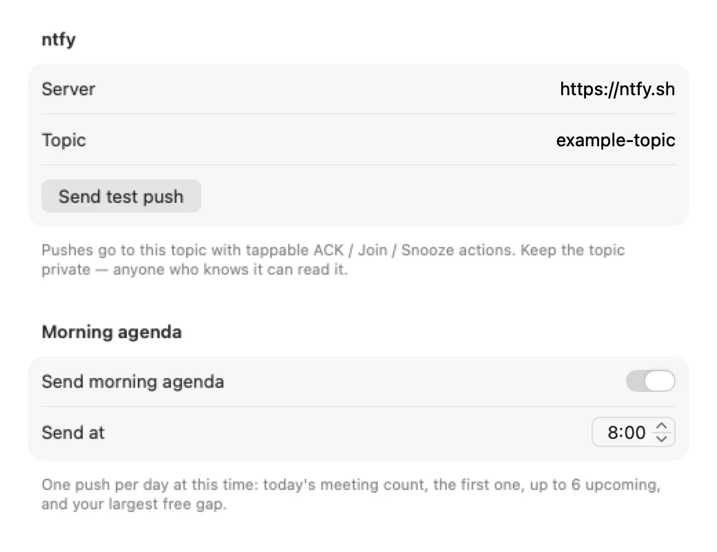 MeetAlert Settings, Phone: ntfy server and topic fields with a Send test push button, and the morning agenda toggle and time.
