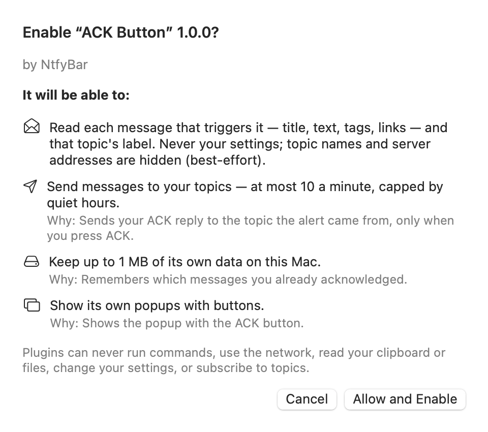 The consent sheet for enabling the ACK Button plugin: each permission it asks for with the reason, and what plugins can never do.