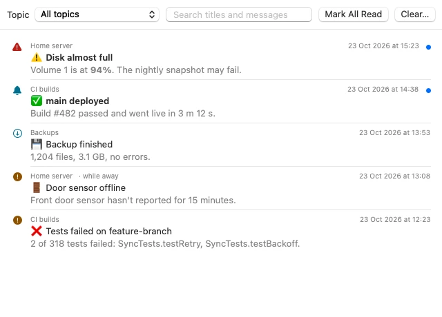 The NtfyBar History window: five messages from three topics with priority icons, titles, text and times, a topic filter and a search field.