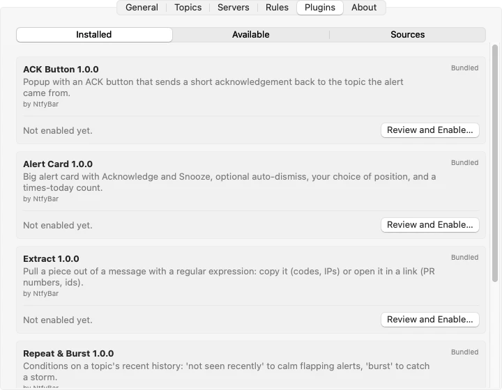 NtfyBar Settings, Plugins: bundled plugins ACK Button, Alert Card, Extract and Repeat & Burst, each marked Bundled with a Review and Enable button.