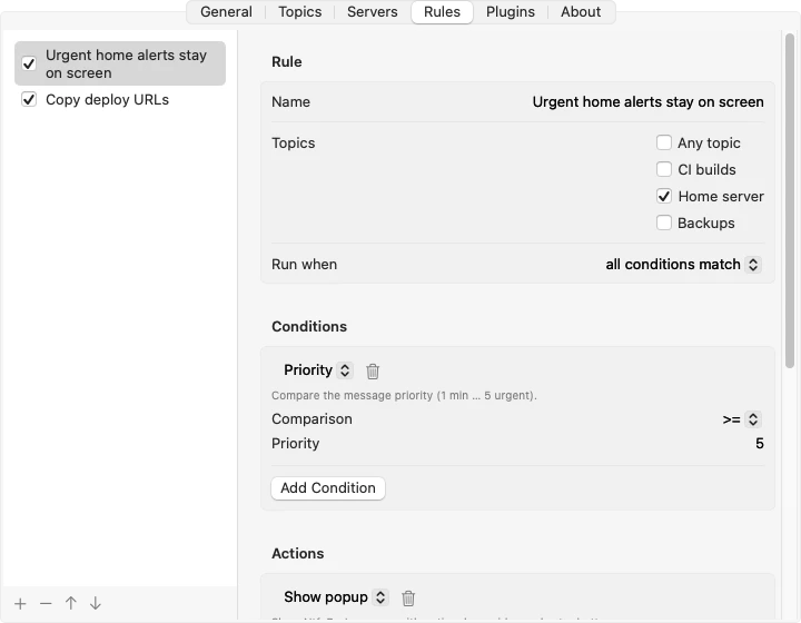 NtfyBar Settings, Rules: a rule limited to the Home server topic with a priority condition and a Show popup action.