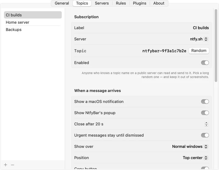 NtfyBar Settings, Topics: a CI builds topic on ntfy.sh with a random topic name, and the choices for what happens when a message arrives.