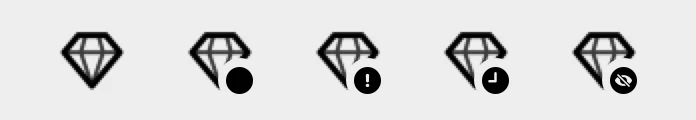 The menu bar icon in its five states on a light menu bar: clean, files uncommitted, error, snoozed, skipped.