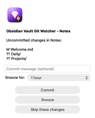 The reminder dialog: changed files, an optional commit message, a snooze picker, and Commit, Snooze and Skip buttons.