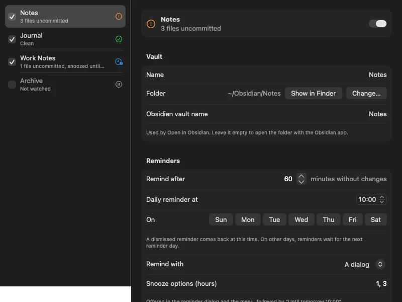 Obsidian Vault Git Watcher Settings, Vaults: four vaults with live status and the selected vault's folder and reminder settings.