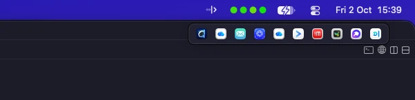 The SmartHiddenBar icon bar: a row of nine hidden menu-bar app icons in a rounded strip under the macOS menu bar.