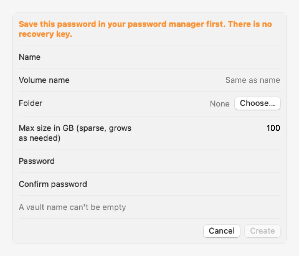 VaultBar New Vault window: name, volume name, folder, maximum size, password and confirmation, with a warning to save the password first because there is no recovery key.
