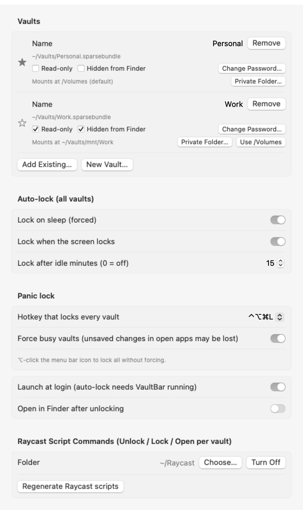VaultBar Settings: two vaults, Personal and Work, with read-only and hide-from-Finder options, auto-lock toggles, the panic hotkey, launch at login and the Raycast scripts folder.