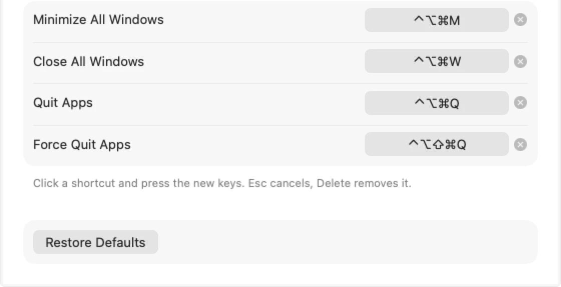 Window Organizer Settings, Shortcuts: global shortcuts for Minimize All Windows, Close All Windows, Quit Apps and Force Quit Apps, with a Restore Defaults button.